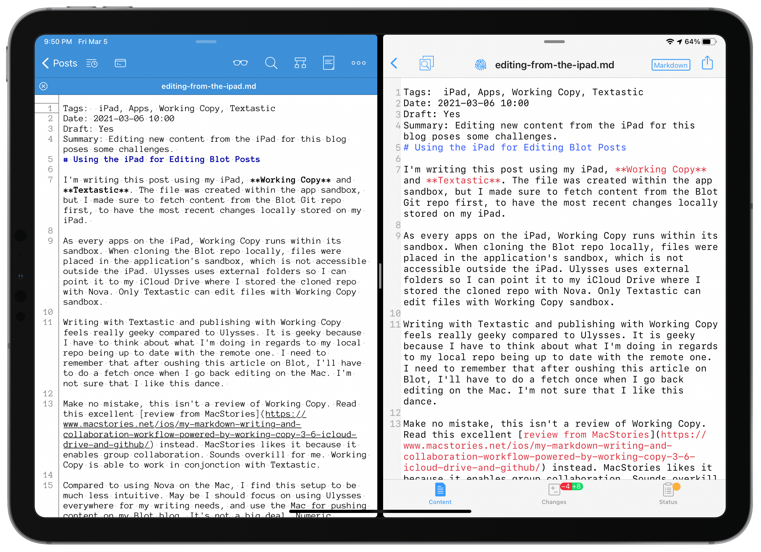 Textastic on the left, Working Copy on the right.