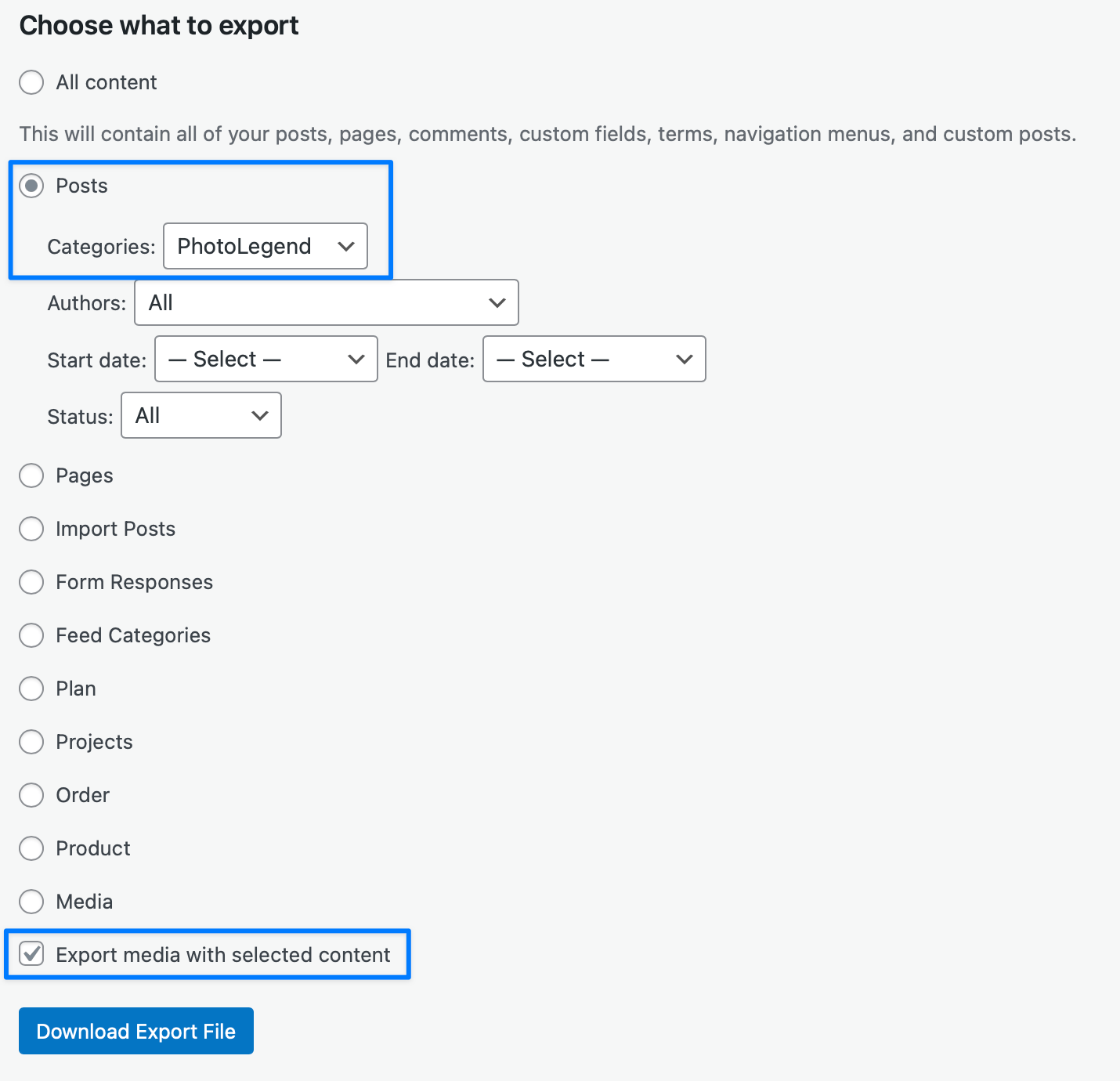 WordPress export with selected content plugin in action.