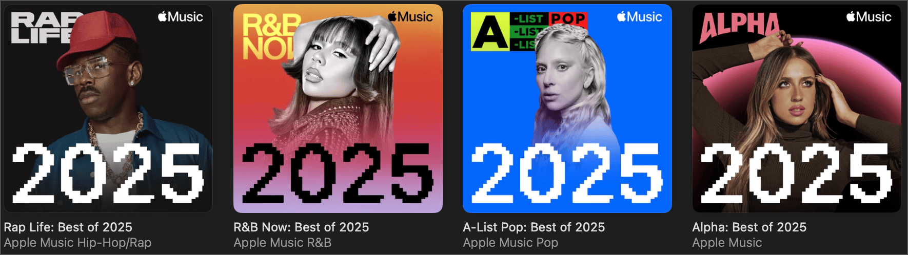 Auto-generated description: Four album covers for Best of 2025 on Apple Music, each showcasing different music genres: Hip-Hop/Rap, R&B, Pop, and Alpha.