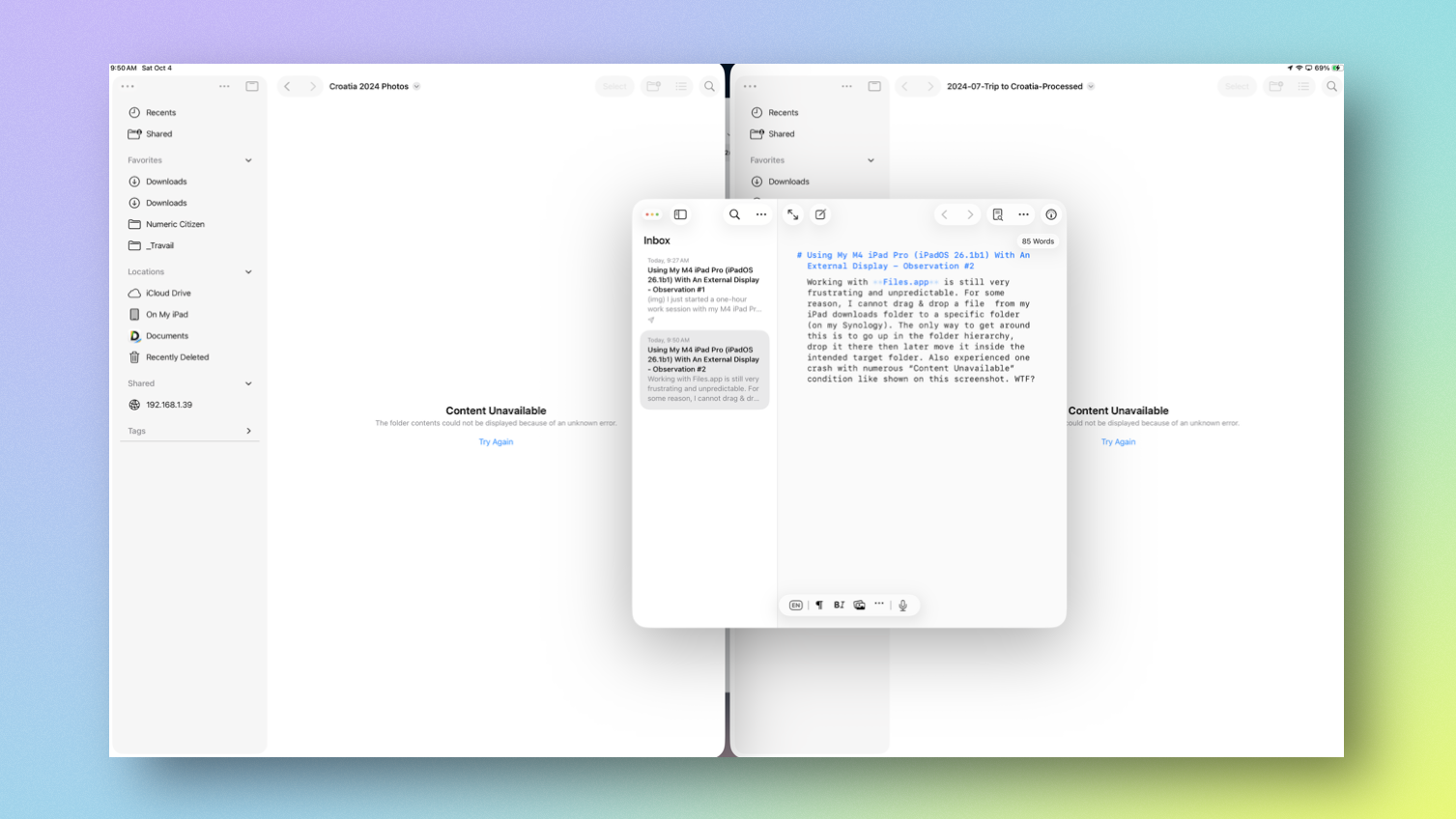 The iPad running Files.app with two windows, side-by-wide for easier file management. 