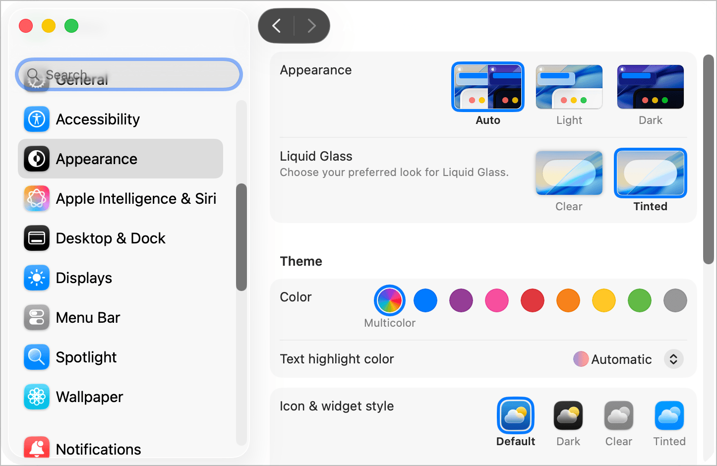 Auto-generated description: A computer interface displays settings for appearance customization, including options for Liquid Glass, theme colors, and icon styles.